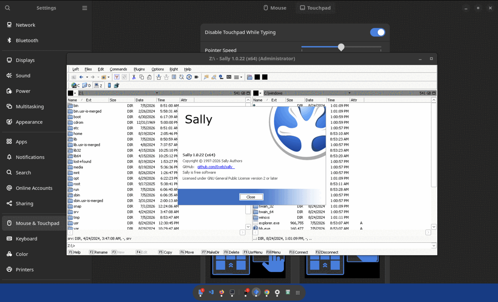 Sally running under Wine on an Ubuntu GNOME desktop